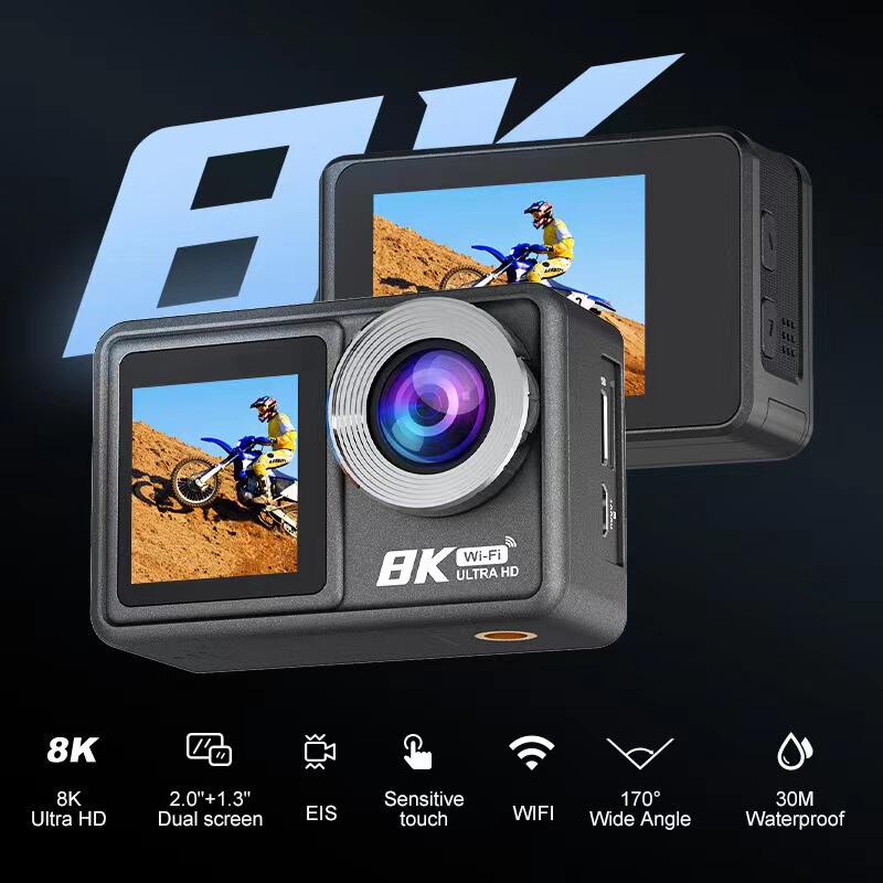 Cross-border 8K HD sports camera anti-shake outdoor shooting diving helmet camera riding camera night vision dual screen
