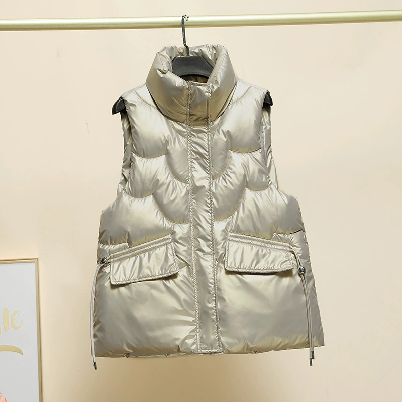Глянцевый пуховый жилет из хлопка, женская одежда, осень и зима, новый короткий модный жилет с воротником в Корейском стиле, пальто с хлопковой подкладкой для внешней торговли