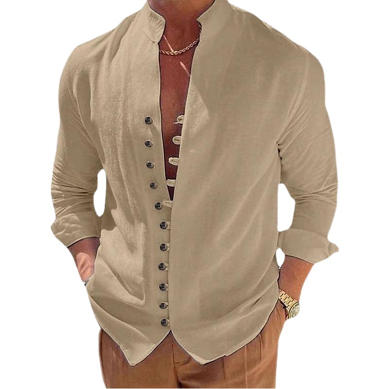 2023 Cross-Border Amazon Wish Ebay New Men's Retro Cotton Casual Loose Long-Sleeved Shirt