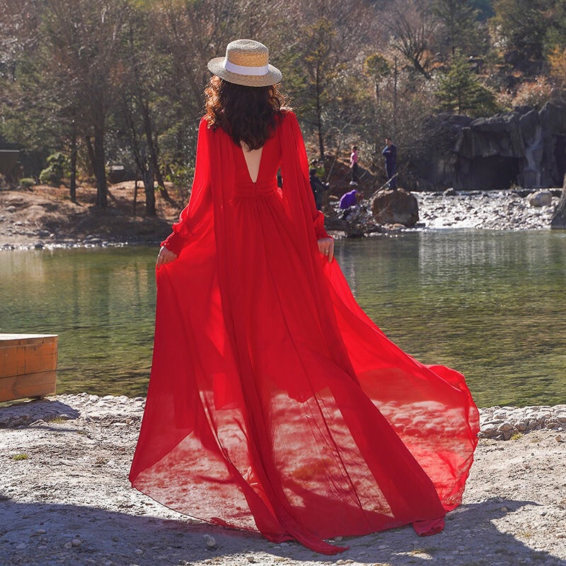 Sanya Travel Clothes Beach Skirt Super Fairy Seaside Vacation Skirt Desert Photo Shoot Big Red Tail Long Skirt Elegant Sanya Travel Clothes Beach Skirt Super Fairy Seaside Vacation Skirt Desert Photo Shoot Big Red Tail Long Skirt Elegant