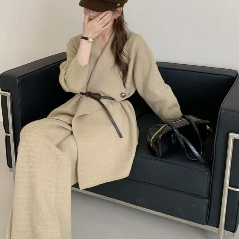 秋冬新款跨境外贸高级感气质针织套装女翻领毛慵懒衣阔腿裤两件套|undefined