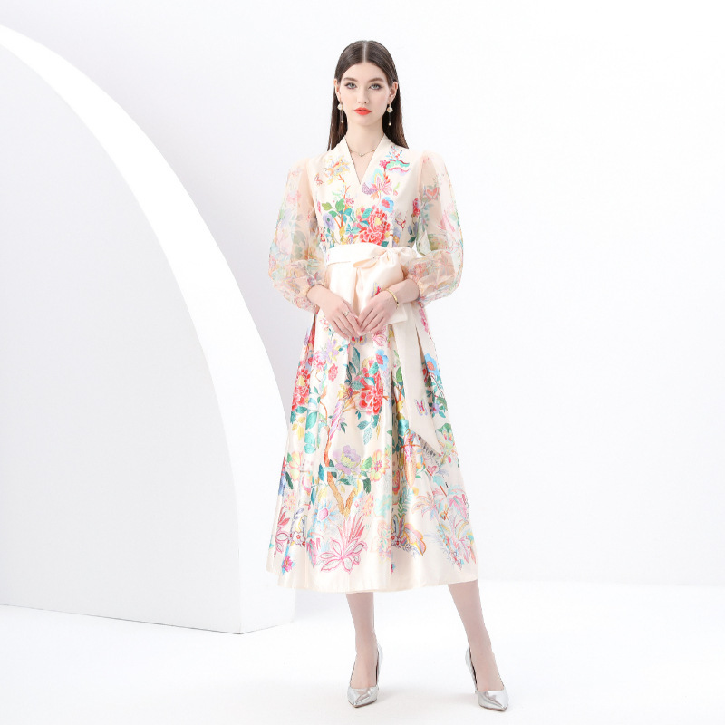 6153 Real Shot Early Spring New Women's Vacation Wrap Lace-up V-Neck Lantern Sleeve Long Dress Vintage Printed dress 6153 Real Shot Early Spring New Women's Vacation Wrap Lace-up V-Neck Lantern Sleeve Long Dress Vintage Printed dress