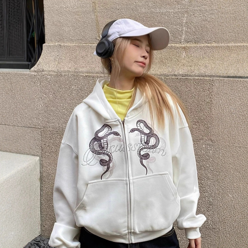 American-Style Snake Pattern Rhinestone Hooded Cardigan Jacket Casual Short Gothic Punk Sweatshirt Spring and Autumn Printed Top