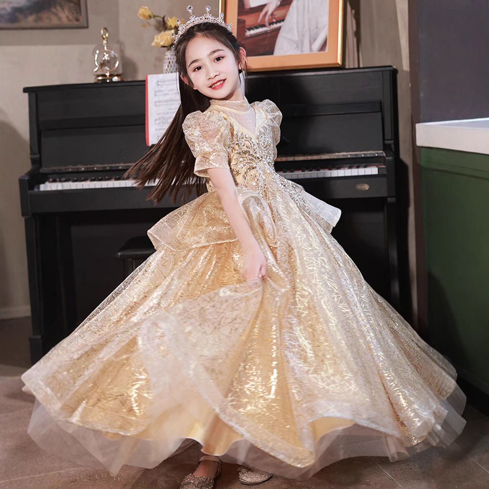 Girls' Princess Gown Dresses Luxury Boutique Flower Girl Wedding Gowns Birthday Party Children's Costumes Emcee Piano Performance_voghion.com