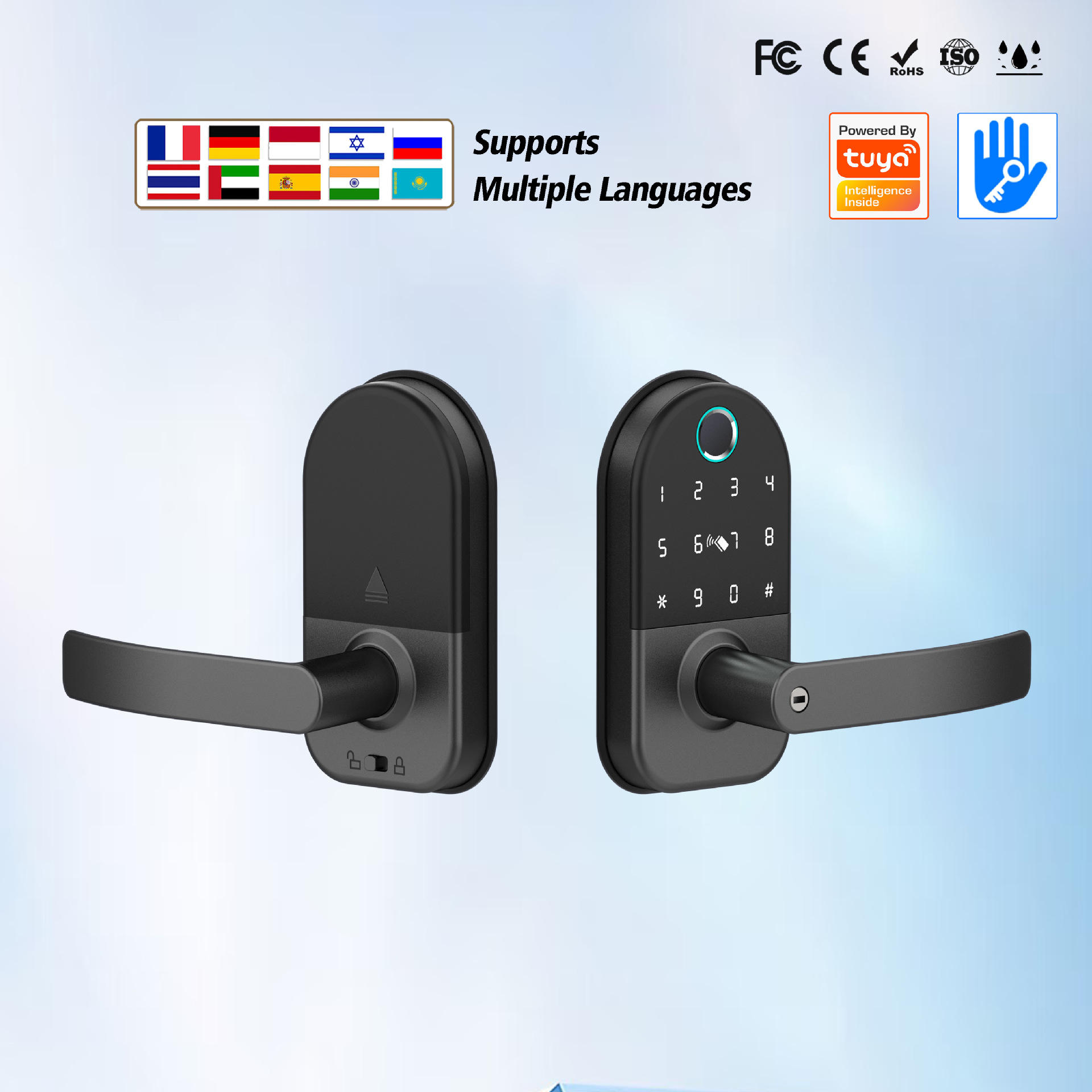 多国语音跨境智能电子单舌门锁涂鸦指纹锁通通密码锁房门把手锁
