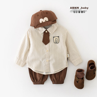 2025 New Autum Boys' Stripesd Shirt Kidsren's Baby Long-Sleeved Tie Cartoon Bear Top 53541