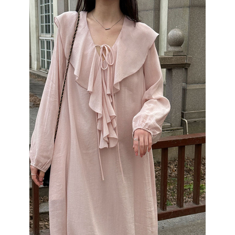 Ns French-Style Simple Ruffled V-Neck Dress 2026 Spring New Style Puff Sleeve Lazy Style Long Dress 3781