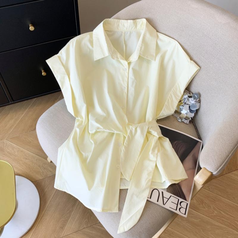 Transparent Shirt for Women, Ultra-Thin, Petite, Irregular Tie, Waist-Cinching, Short-Sleeve, Regular Shoulder, Summer Dopamine Goose Yellow