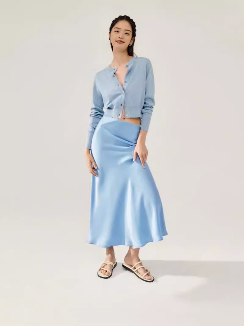 Elastic Waist Heavy Acetate A-Line Skirt, Bias-Cut Floor-Length Skirt, High-Waisted Ankle-Length Skirt, Fishtail Skirt