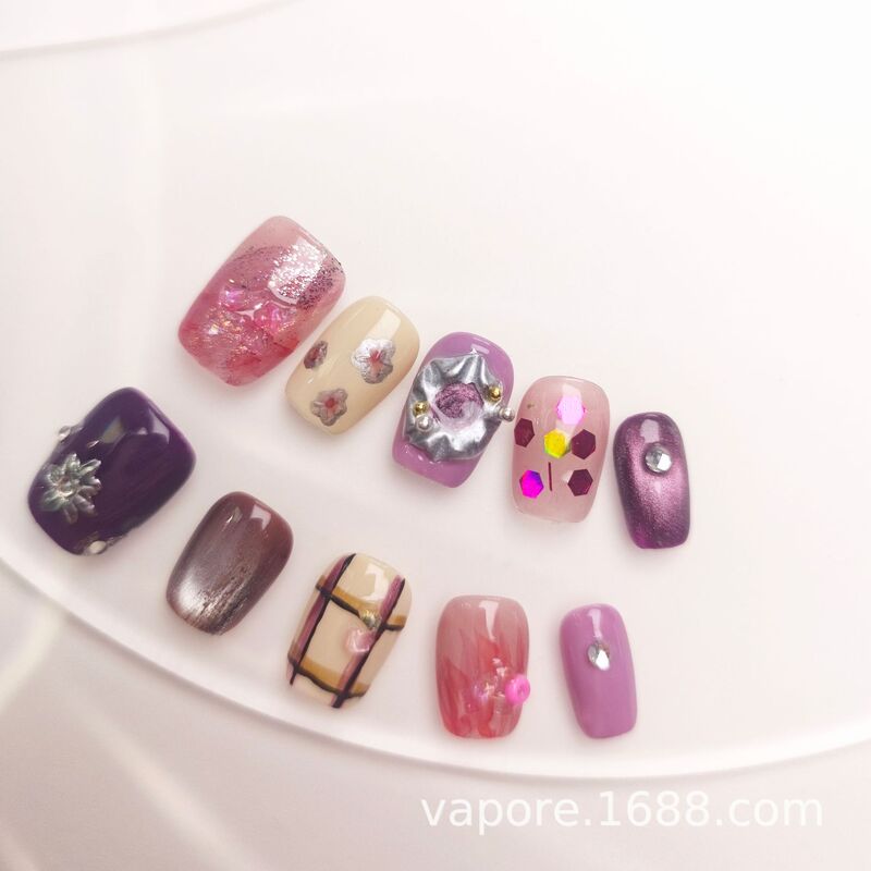 Foreign Trade Cross-Border Pure Handmade Cat-Eye Press-On Nails, Maillard High-End Retro Sweet-Cool French Nail Stickers That Enhance Complexion Foreign Trade Cross-Border Pure Handmade Cat-Eye Press-On Nails, Maillard High-End Retro Sweet-Cool French Nail Stickers That Enhance Complexion