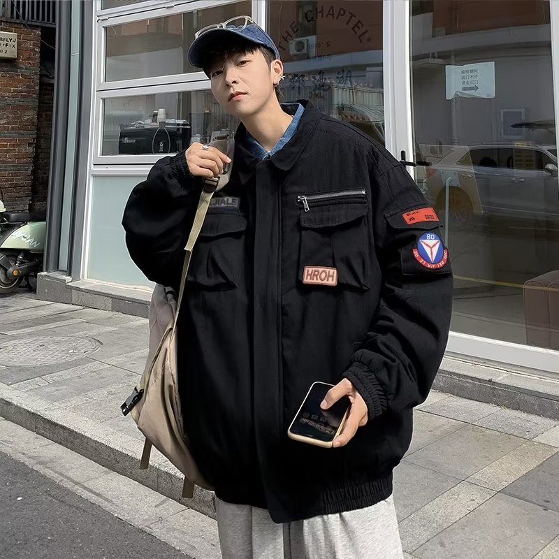 Chaqueta suelta de traje de trabajo de aviador retro americano para hombre, chaqueta de solapa de primavera y otoño