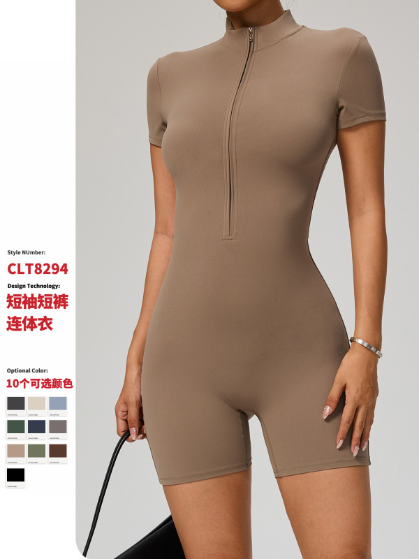 添亿欧美夏季拉链短袖瑜伽连体服女舞蹈健身紧身短裤运动连体衣|undefined