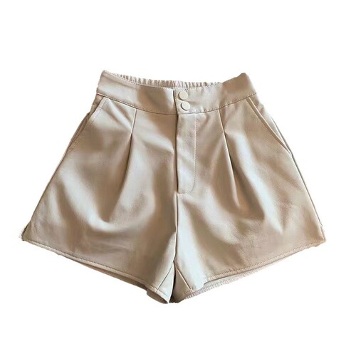 Girls PU Leather Pants Spring and Autumn New Solid Color Casual Short Korean Style Elastic Waist Two Buttons Medium and Big Children Fashion Leather Pants