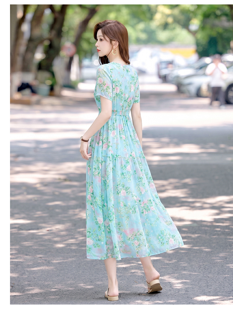 Đầm maxi nữ thắt eo họa tiết hoa nhí cổ V xếp ly tay ngắn — xanh lam, Màu hồng, màu vàng chi tiết 17