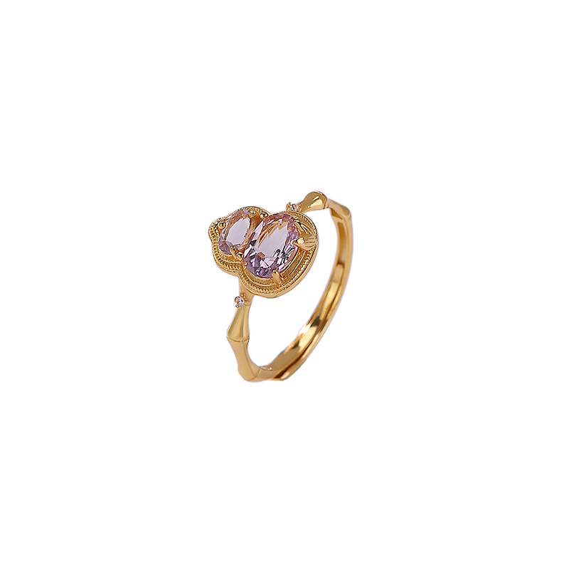 Nhẫn bạc S925 mạ vàng hình quả hồ lô đính đá hoàng thủy tinh phong cách tân trung hoa — Màu hoàng thủy tinh
