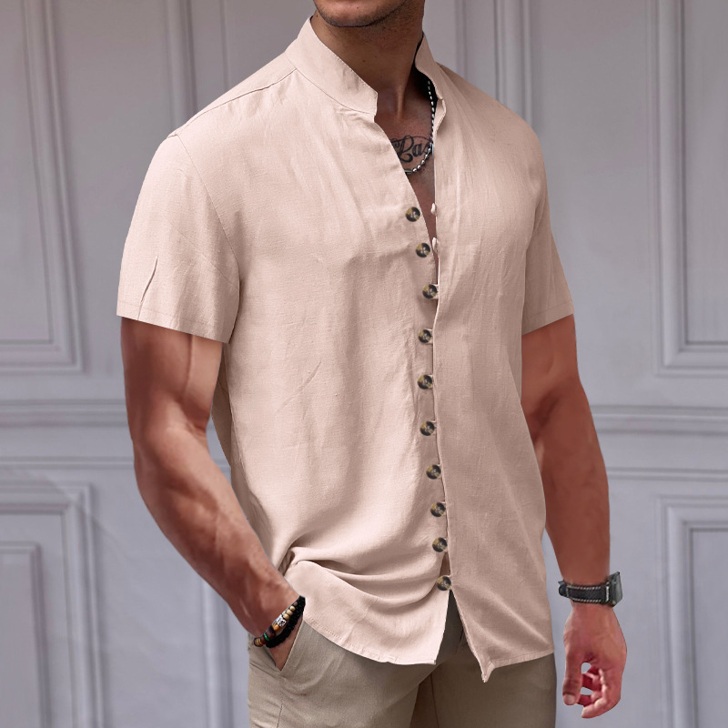 Camicia in lino da uomo con collo alla coreana e bottoni_voghion.com