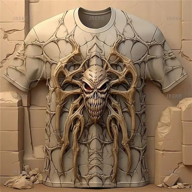 Verano calle todo-fósforo suelto cuello redondo manga corta transpirable camiseta de hombre thriller esqueleto relieve impresión digital 3D