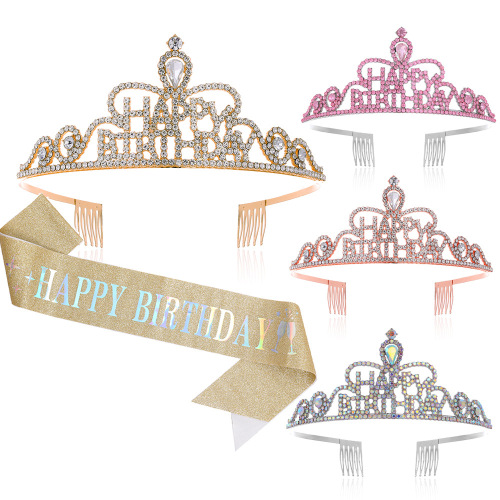 Factory direct sales HAPPY birthday shoulder strap birthday crown gift belt set multi-color ribbon