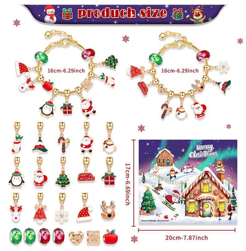 Weihnachtsschmuckherstellung, handgefertigtes DIY-Perlenarmband-Set für Kinder, 24-Raster, Weihnachts-Countdown-Blindbox, Armband, Schmuck-Geschenkbox_voghion.com