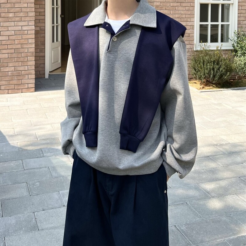 Korean Style Old Money Style Shawl Color-Blocked Lapel Sweatshirt Set, Loose Fashion Straight-Leg Casual Pants for Men Korean Style Old Money Style Shawl Color-Blocked Lapel Sweatshirt Set, Loose Fashion Straight-Leg Casual Pants for Men