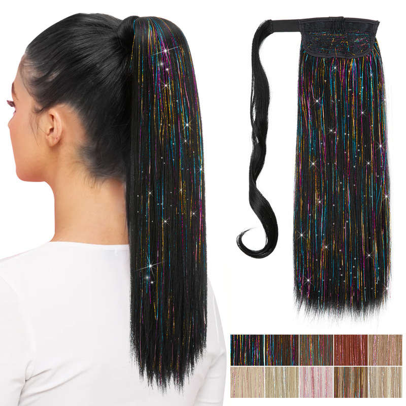 New Style Wig Ponytail for Women, Long Straight Hair with Gold and Silver Threads, Tie-On Style, Multicolored Mixed Color Ponytail Hair Braid