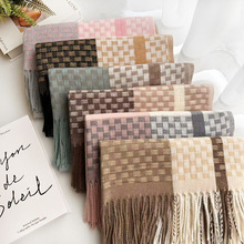 仿羊绒围巾女韩版时尚棋盘格网红风百搭学生保暖围脖长流苏披肩膀