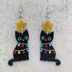 欧米風クリスマスイヤリング クリスマスツリー ライト ブラックキャット バット アクリルイヤリング ホリデーアクセサリー