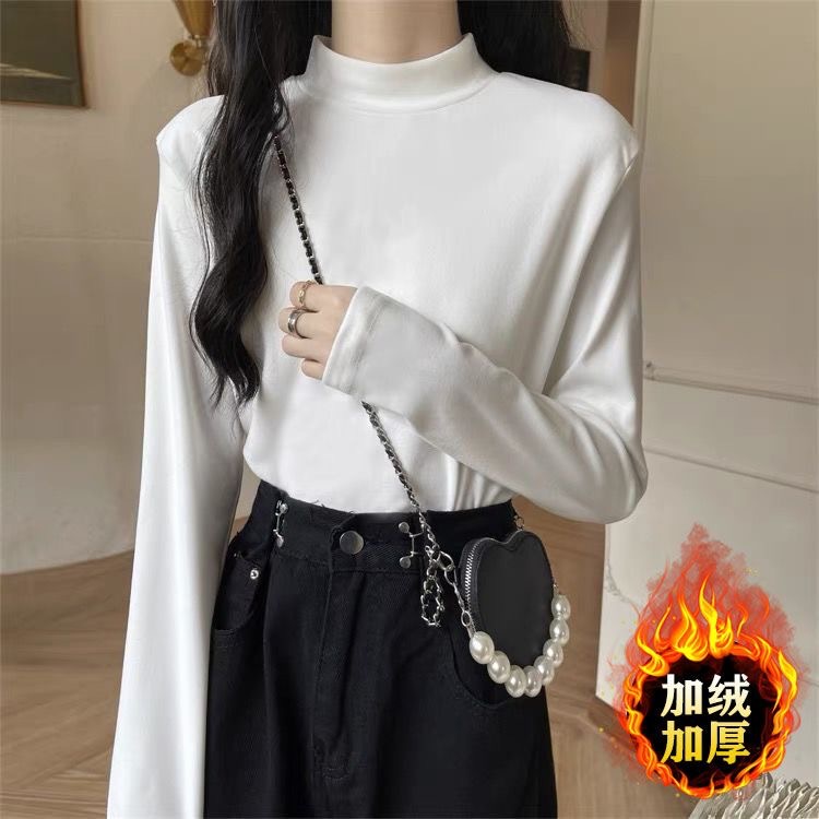 Otoño y invierno nuevo cuello de media altura de camiseta de terciopelo coreana mujer con camiseta de manga larga de terciopelo de doble cara gruesa