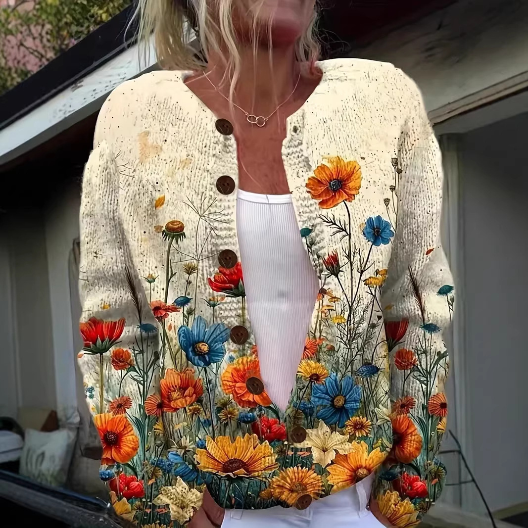 外贸独立站亚马逊希音新款上衣3D数码印花开衫女装春秋仿毛线毛衣