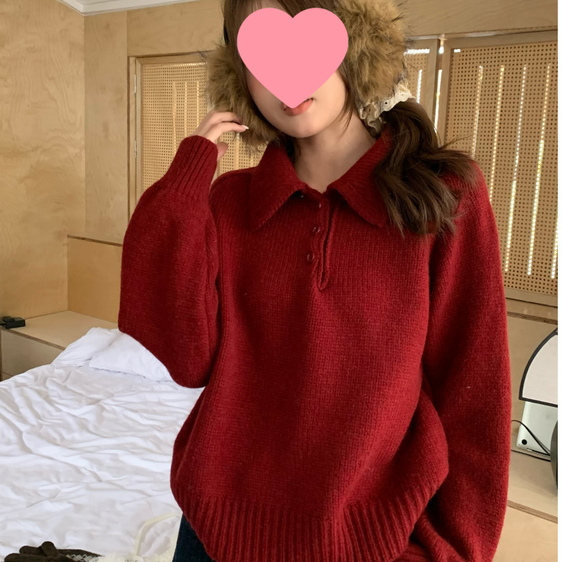 Lightly Sweet Cream Korean Style Lapel Sweater Buttoned Long-Sleeved Knitwear Women's Loose Versatile Top Milkshake Pink One Size Fits All