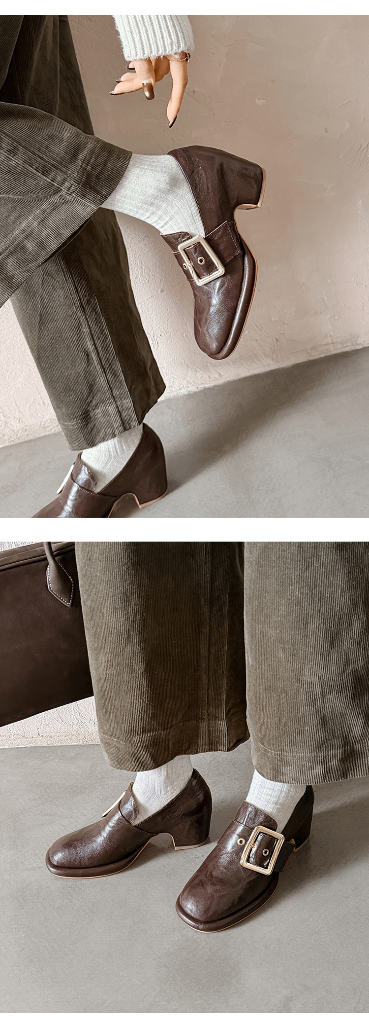 Giày cao gót nữ loafer da cừu gót vuông 7 cm — màu nâu chi tiết 6