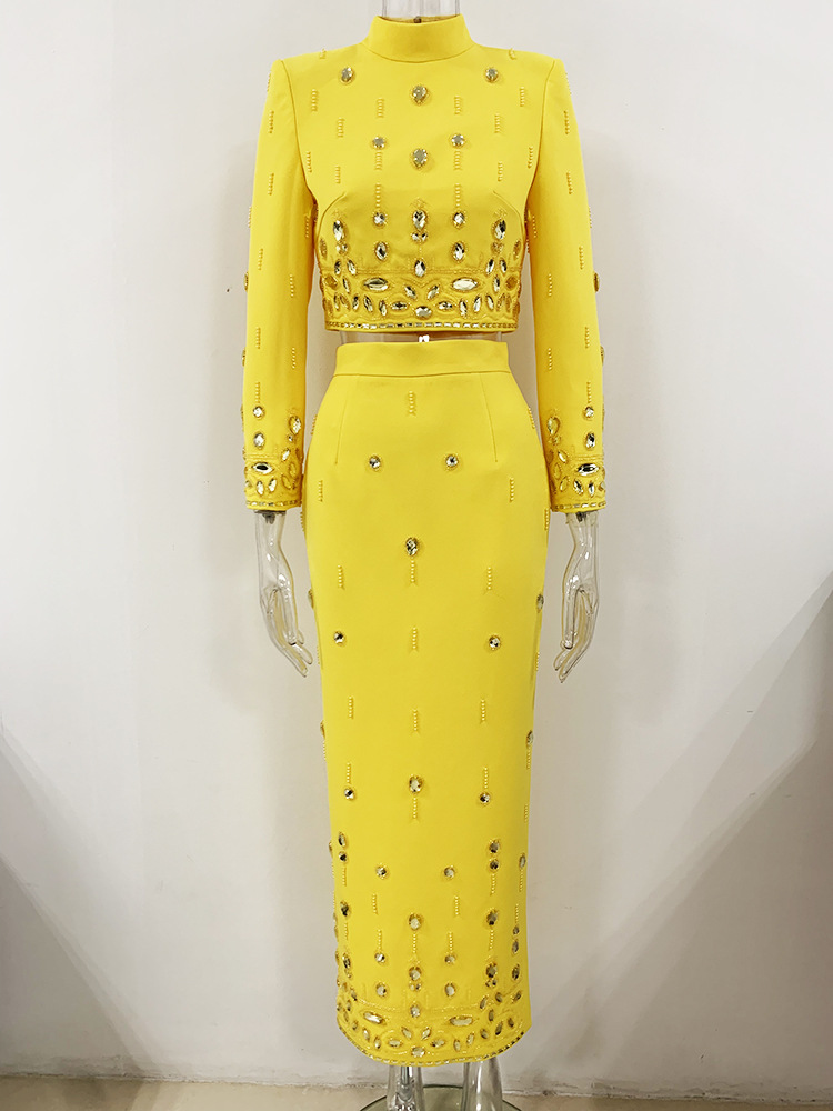 Women's Clothing celebrity fashion new heavy beaded diamond short top long skirt suit two piece suit_voghion.com