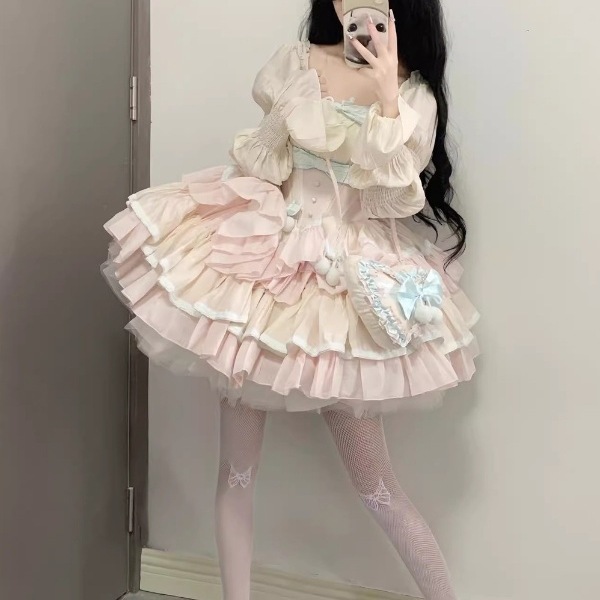 Sweet Girl Lolita Princess Dress French First Love Sweet Puffy Cake Dress Waist-Cinching Fairy Dress Autumn