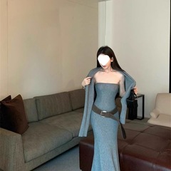 慵懒风宽松长袖毛衣外套女早秋纯欲套装针织抹胸连衣裙灰色两件套