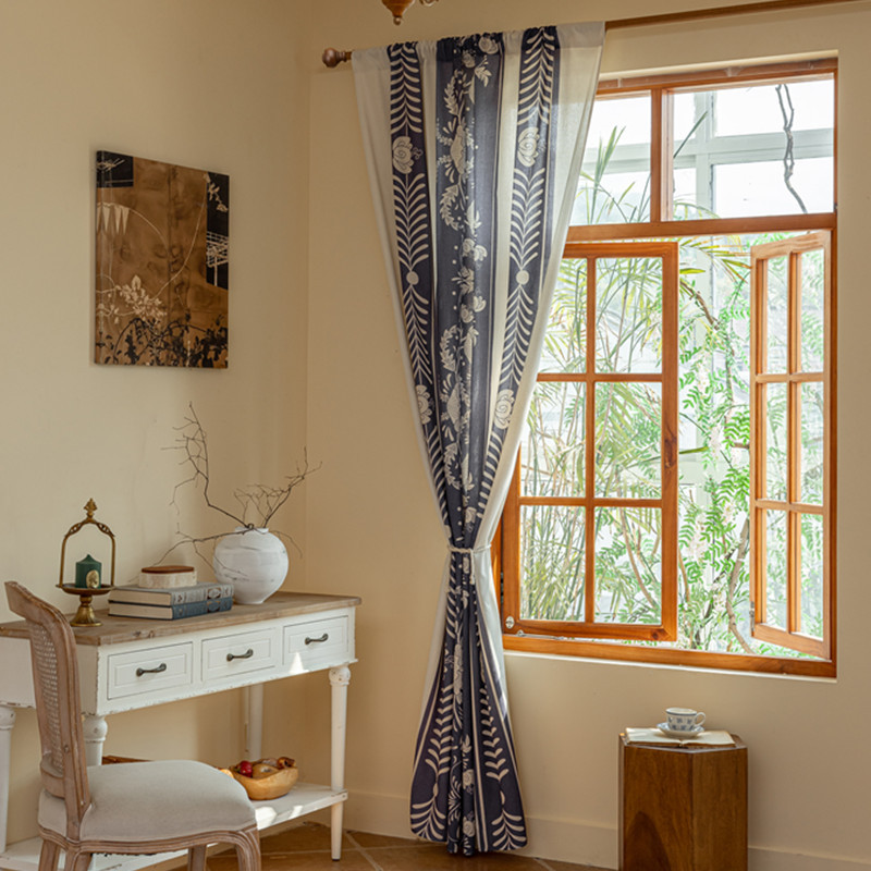 Le Xuan show Nordic ins wind symmetrical blue flower black and white geometric non-perforated semi-shading balcony bedroom curtains wholesale