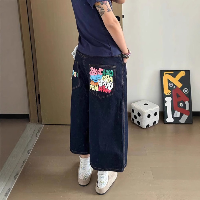 plus size American Color Letter Printed Cropped Pants Retro Trendy Design Sense Straight Casual Loose Denim Shorts
