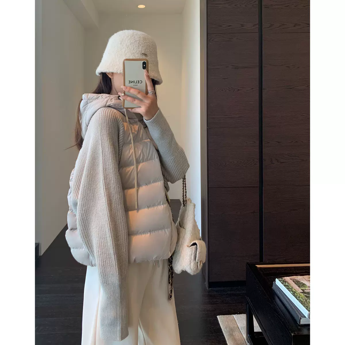 AMR UU◆小众设计 时髦针织拼接厚外套短款连帽棉服女秋冬新