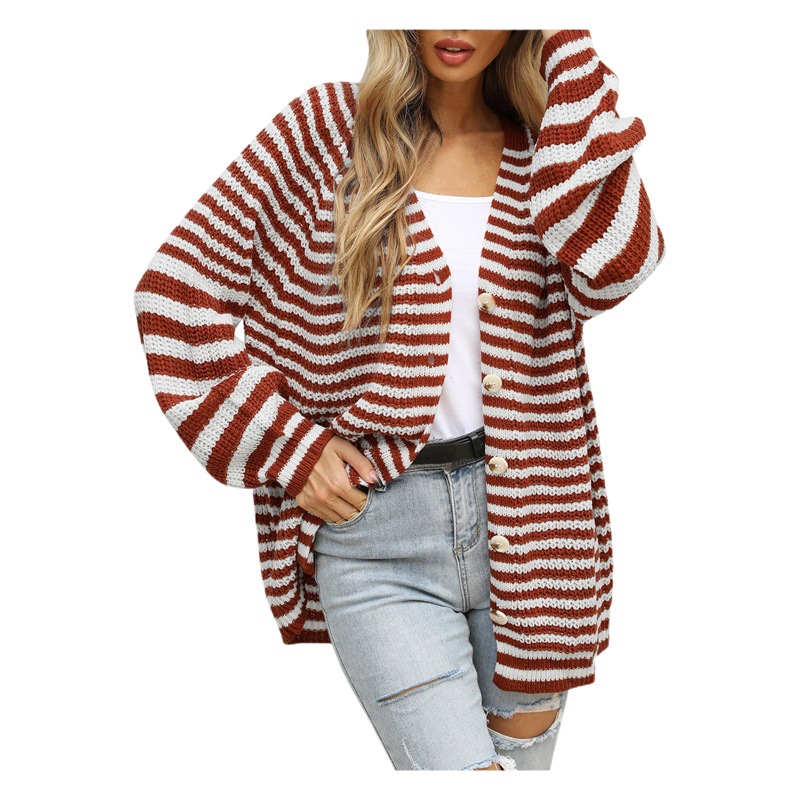 2022 Otoño e Invierno Nueva moda a rayas de punto europeo y americano más tamaño flojo perezoso marrón de un solo pecho con cuello en V cardigan suéter