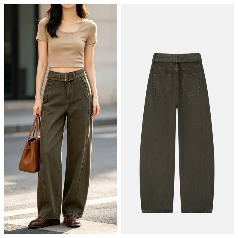 2026 Autumn Non-Stretch Olive Green Belted Curved Knife Wide-Leg Jeans High-Waisted Loose Banana Wide-Leg Long Pants 2026 Autumn Non-Stretch Olive Green Belted Curved Knife Wide-Leg Jeans High-Waisted Loose Banana Wide-Leg Long Pants