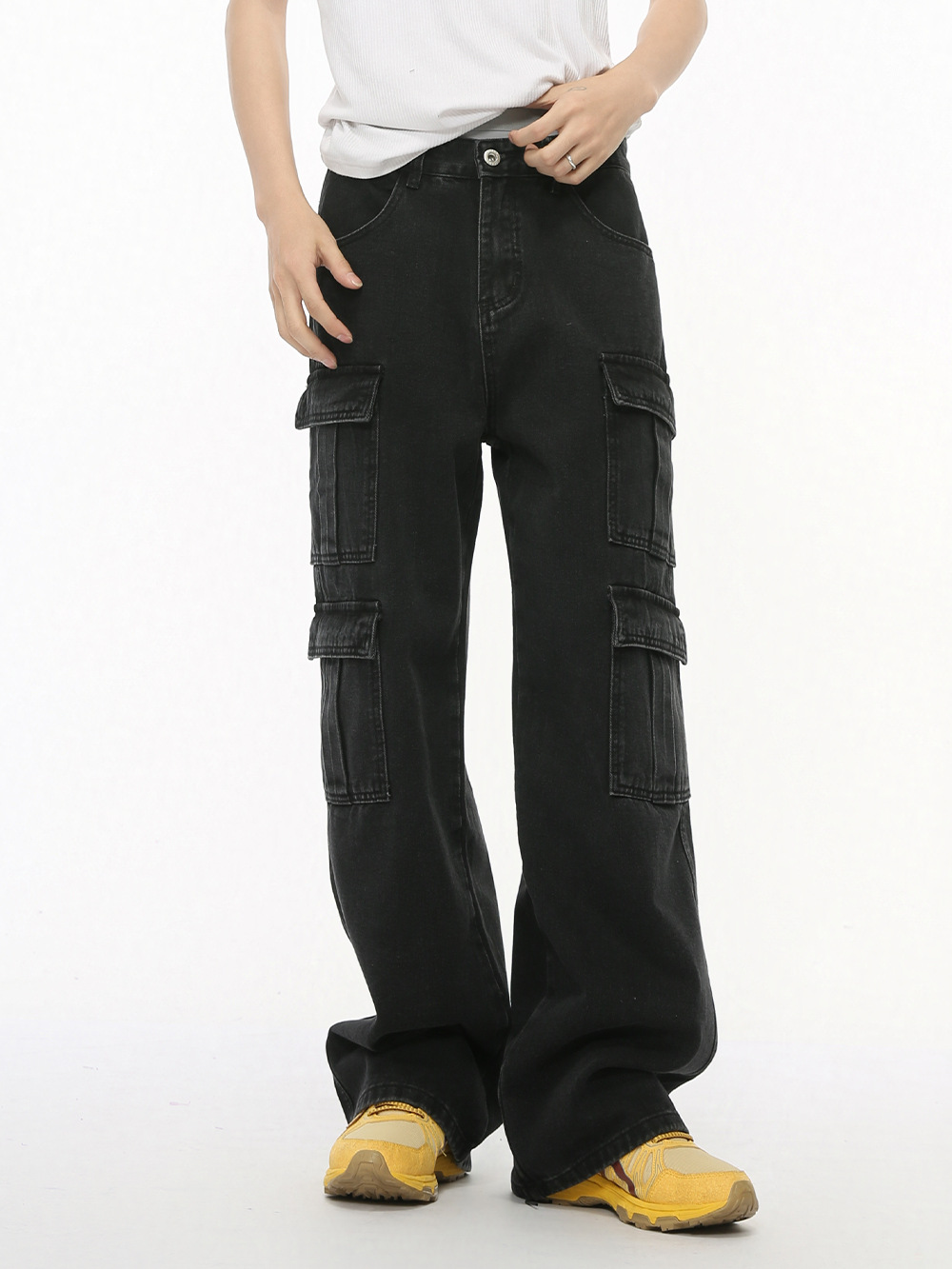 MTLCLOTHES Hombres| Coreana de la industria pesada suelta de la calle de moda recta multi-bolsillo decoración de piernas anchas jeans