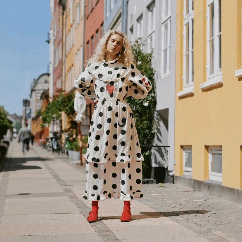 French Niche 25 Autumn and Winter New Style Ruffled Black Polka Dot Long-Sleeved Hand-Beaded Embroidered Polka Dot Dress