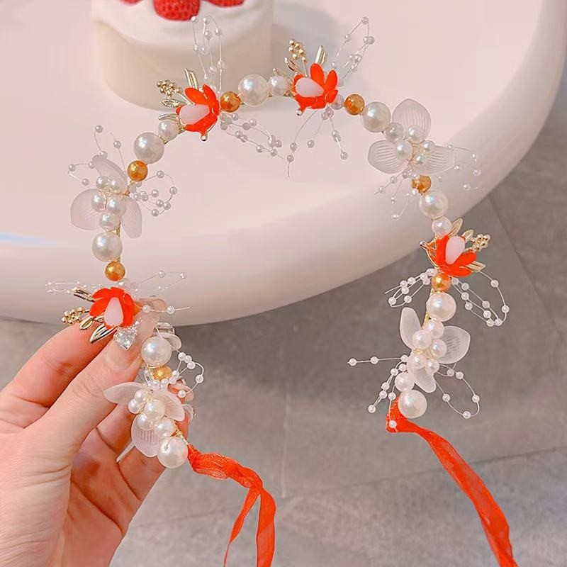 Red headband pearl, flowered