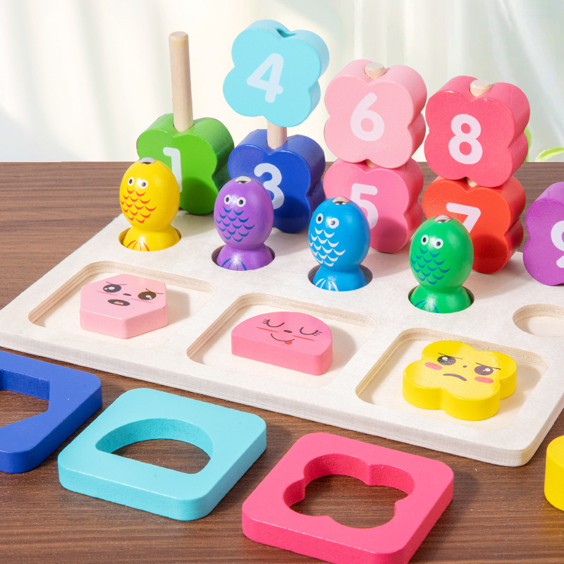 Niños de madera pesca magnética 3 - en - 1 conjunto de iluminación digital adición y sustracción de rompecabezas de educación temprana forma de columna emparejada
