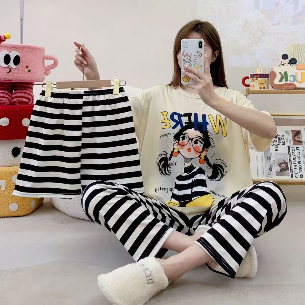 Pijamas de verano transfronterizos pijamas de leche de seda de tres piezas set de dibujos animados comercio exterior ropa para el hogar pantalones de mangas cortas lindos