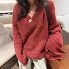 复古慵懒风杂色毛衣女2025秋冬新款V领百搭休闲针织衫+围巾两件套