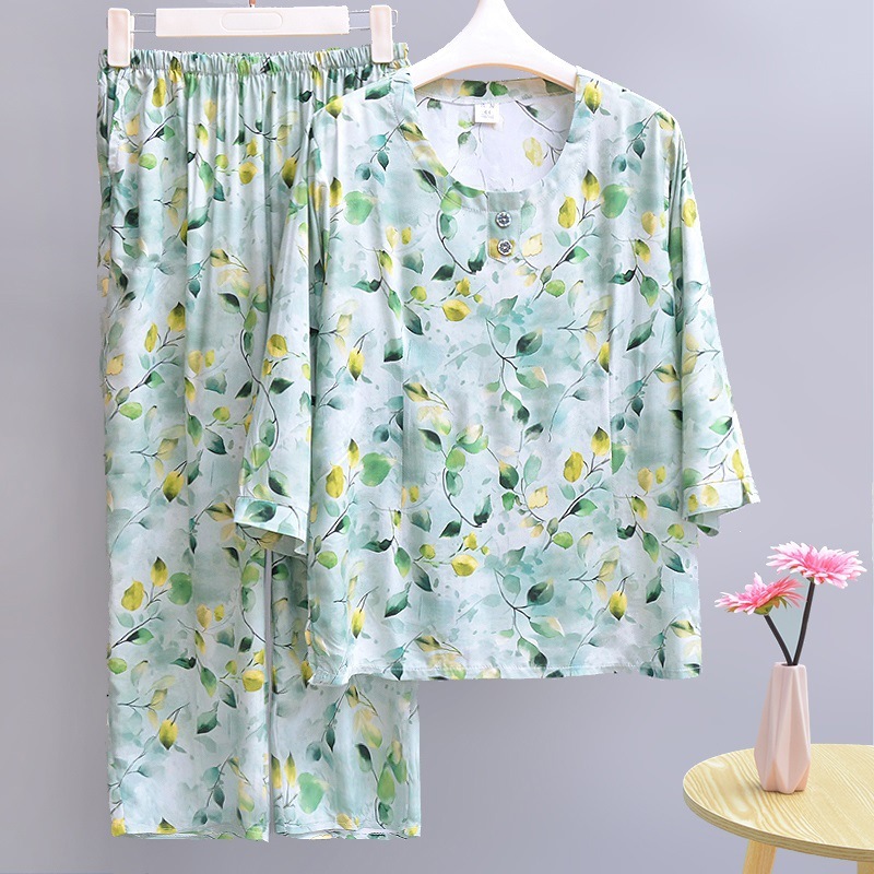 女性用綿シルクパジャマ、夏用薄手、中高年ママ、ゆったり綿シルクホーム服、七分袖お出かけスーツ|undefined