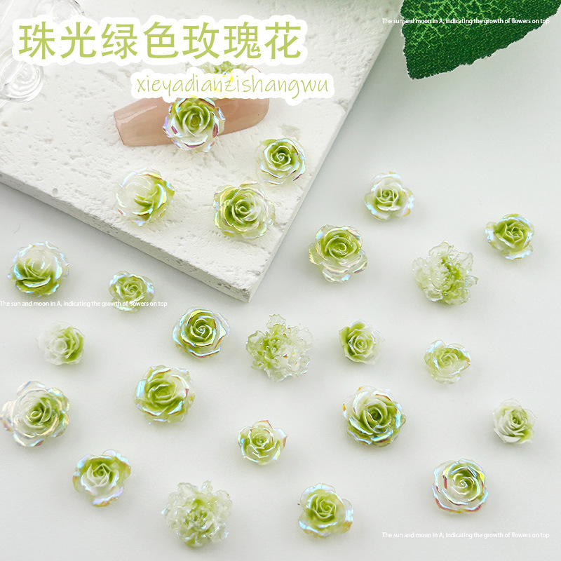 Pearlescent green rose flower nail art jewelry luminous peony flower nail art material diy earring accessories nail decoration Pearlescent green rose flower nail art jewelry luminous peony flower nail art material diy earring accessories nail decoration