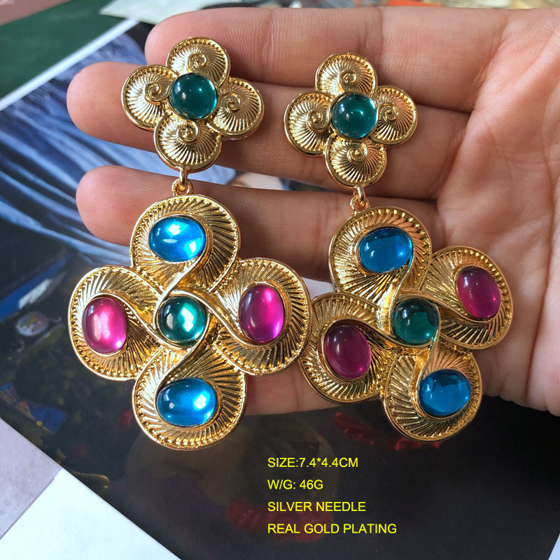 Vintage Geometric Colorful Gemstones Pearls Alloy Earrings Wholesalepicture3