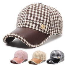 春夏新款千鸟格M棒球帽韩版女士青年百搭小香风后空顶马尾鸭舌帽