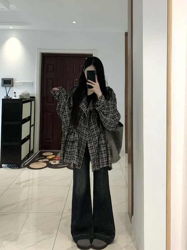 韩版宽松复古格子外套女2025春秋季新款慵懒风工装开衫上衣高级感|undefined